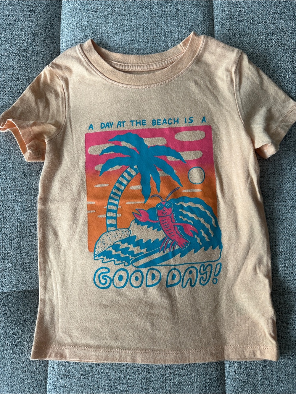 Cat & Jack Peach Short Sleeve Tee with Teal and Pink Beach Graphic